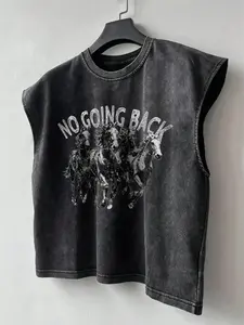 Men's retro-style Vintage knitted vest, distressed washed cotton vest, horse print, rock, American street, hip-hop style, unique, unisex, couple's outfit, holiday gift.