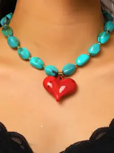 Heart Pendant Beaded Necklace, Bold Irregular Beads Chain, Vacation Style Layered Accessory, Dopamine Color Resin Heart Necklace, Daily Wear