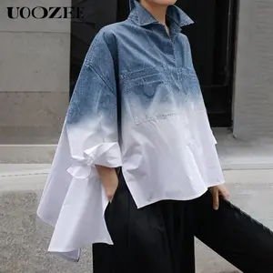 UOOZEE Women's High - Low Basic Blouse Loose Long sleeve Gradient Print Split - Side Lapel Comfortable Casual Blouses & Tops