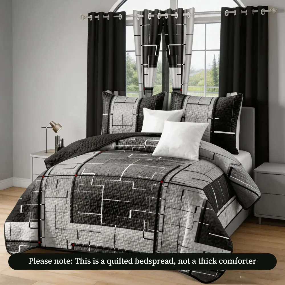 Grey Black Geometric Grid 9PCS Bedroom Decor Set Modern Industrial Quilted Bedspread Matching Shade Curtain Full Bedding Pack