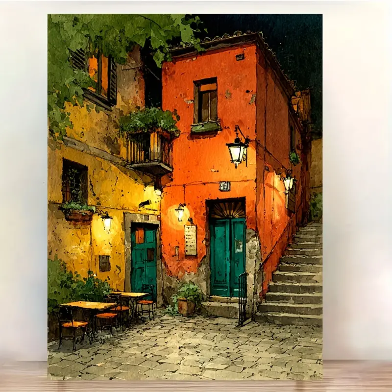 1 Piece Roman Italy Trastevere Night View Frame - Vintage Italian Street Scene Wall Decoration Poster, Warm Lighting Design, Ready to Hang, Suitable for Living Room, Kitchen, Office - (30x 40cm ) - Italian Restaurant Art Print, 2D Flat, Perfect Room Decor