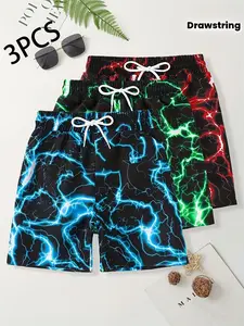 Lightning Pattern Drawstring Beach Shorts for Boys, Quick-Dry Sporty Lounge Pants, Summer Athletic Five-Panel Set, Three-Piece Pack