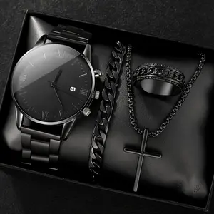 4-Piece Set Men's Luxury Fashion Business Watch and Accessories Gift Box Set, Large Dial Quartz Watch + Cross Steel Chain Necklace, Ring and Bracelet, Ideal Gift for Boyfriend on Birthdays, Halloween, and Holidays