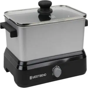 Slow cooker large capacity nonstick vessel with variable temperature control includes travel lid and thermal carrying case 5quart silver