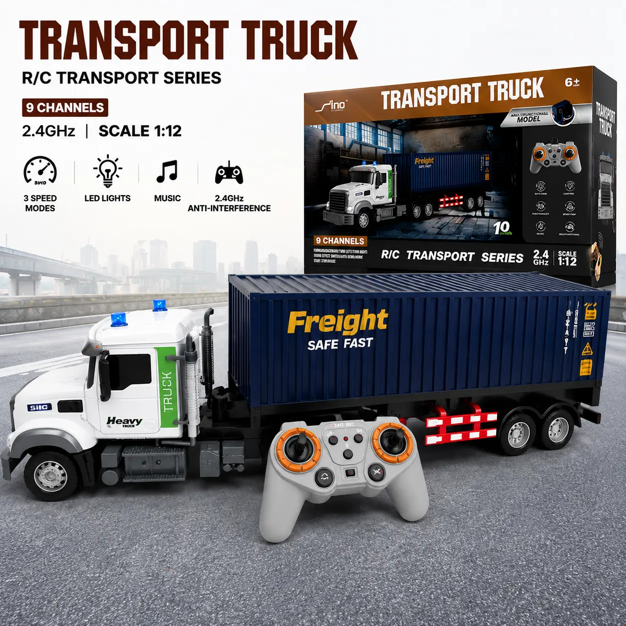 RC Semi Truck with Trailer - Semi Truck Toy for Kids Carrier Van Transport Vehicle with 2 Rechargeable Batteries 1:12 Container Truck with LED Lights & Music Great Gift For Boys Girls