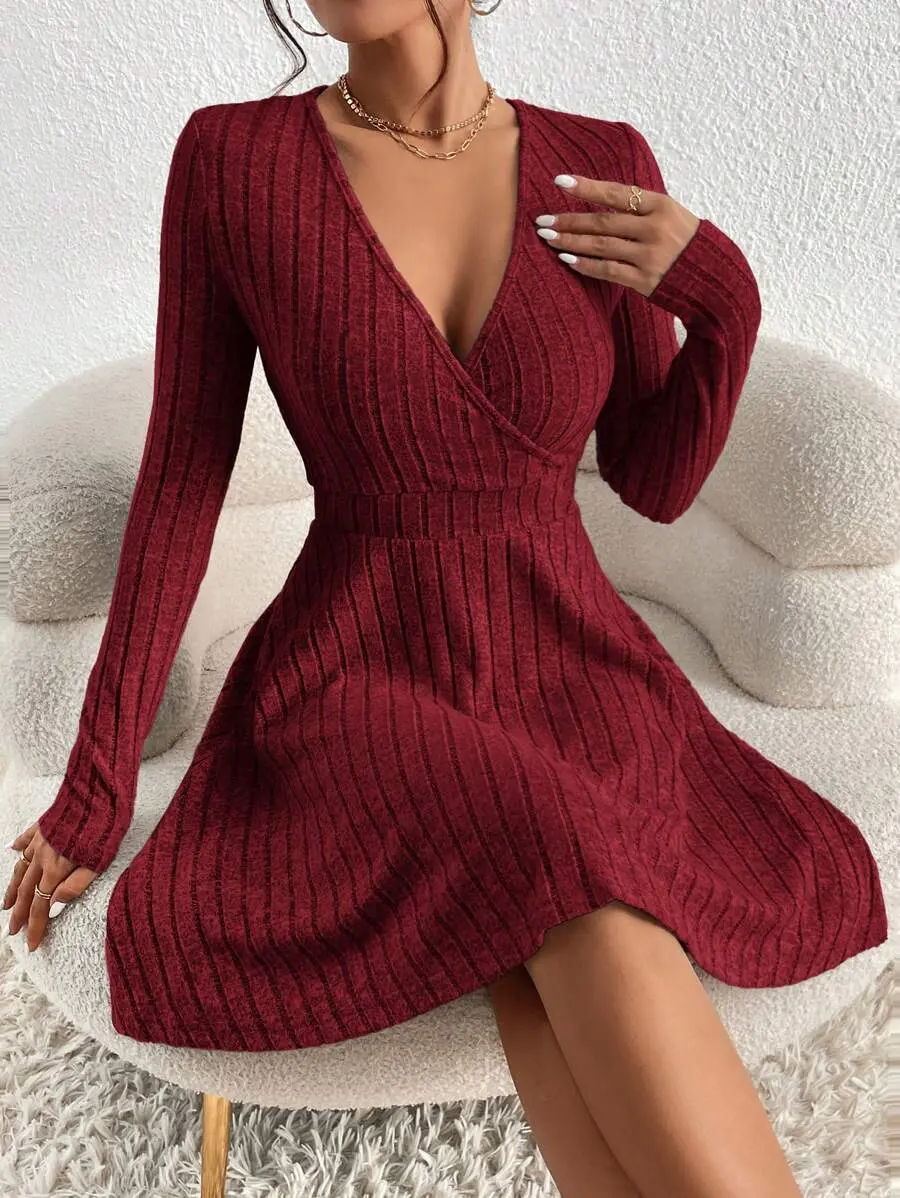 Solid Color Deep V-Neck Crossed Wrap Long Sleeve Dress New Years Women Outfit Winter Christmas Red Burgundy