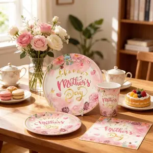 This 81-piece disposable tableware set with a Mother's Day pink bouquet theme includes 20 dinner plates, 20 dessert plates, 20 paper cups, 20 napkins, and a tablecloth. This convenient tableware set is perfect for camping, picnics, garden barbecues, weddi