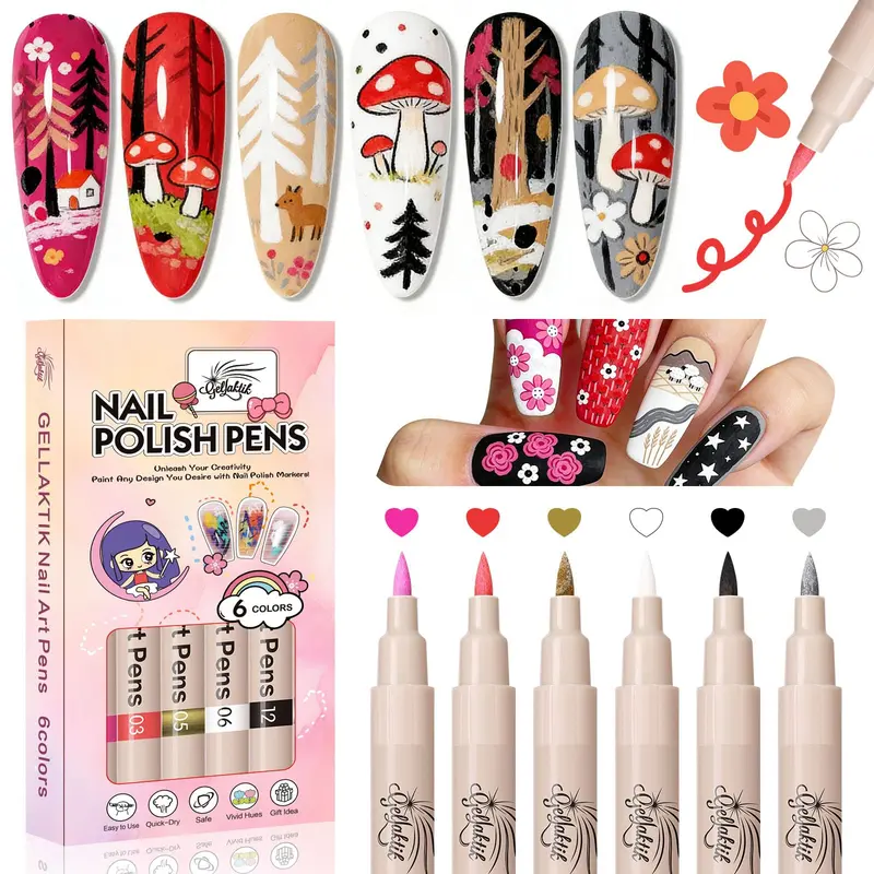 GELLAKTIK 3D Nail Art Pens Set, 0.7MM Nail Polish Pens for Nail Art Dotting Pen Drawing Painting Liner Brush for DIY Nail Design, Home & Salon Manicure Tools Handle Compact