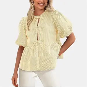 PrettyGarden Women's Tie Front Striped Shirt Summer Trendy Fashion Cute Babydoll Tops Peplum Puffy Sleeve Blouse, Comfort Womenswear
