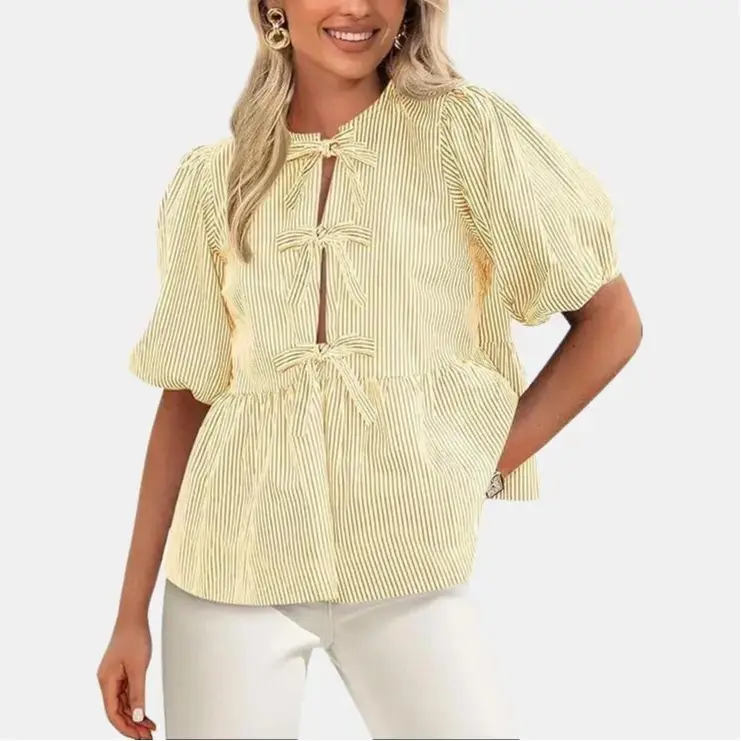 PrettyGarden Women's Tie Front Striped Shirt Summer Trendy Fashion Cute Babydoll Tops Peplum Puffy Sleeve Blouse, Comfort Womenswear