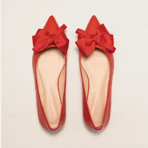 Brick Red Bowknot Leather Point Toe Flats