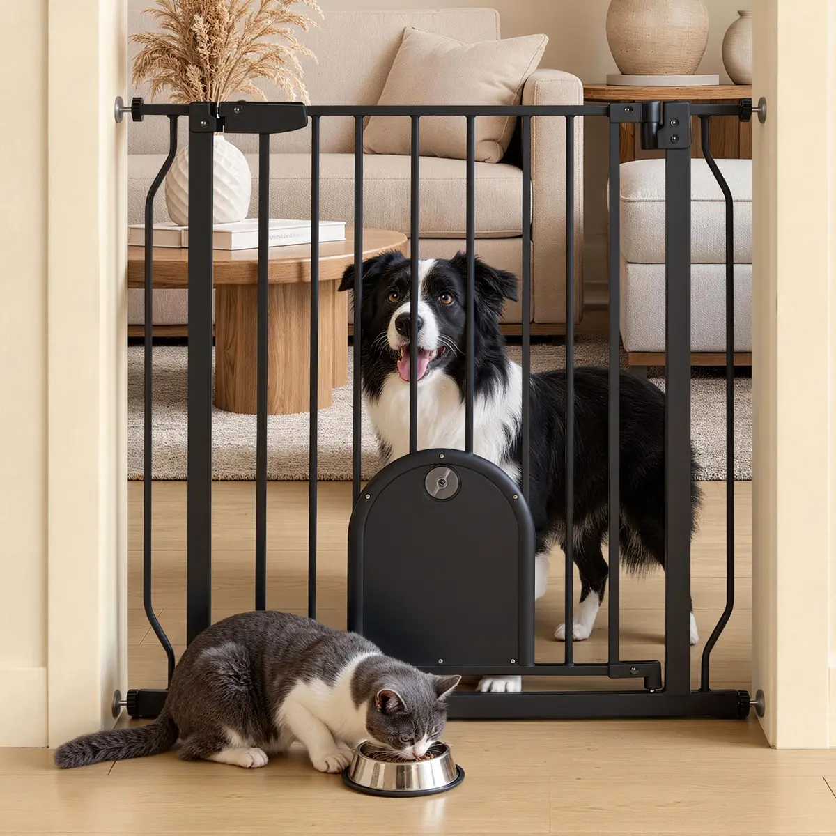 BIOBY Sturdy Safety Fence - 30" Tall Single Unit Safety Guardrails, 29.5-33.4" Extra Wide Tool-Free Pressure Mount Barrier with Adjustable 2-Way Open Cat Door & DoubleLock Hold for Secure Area in Doorways, Kitchen