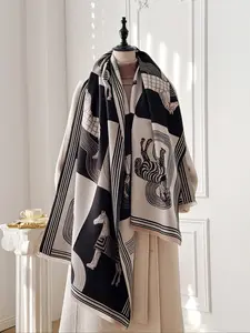 Elegant Fashion Shawl with Unique Horse Pattern, Animal Motif Design, Women's Double Sided Scarf for Fall & Winter, Casual Fitted Accessory, Warm Daily Wear