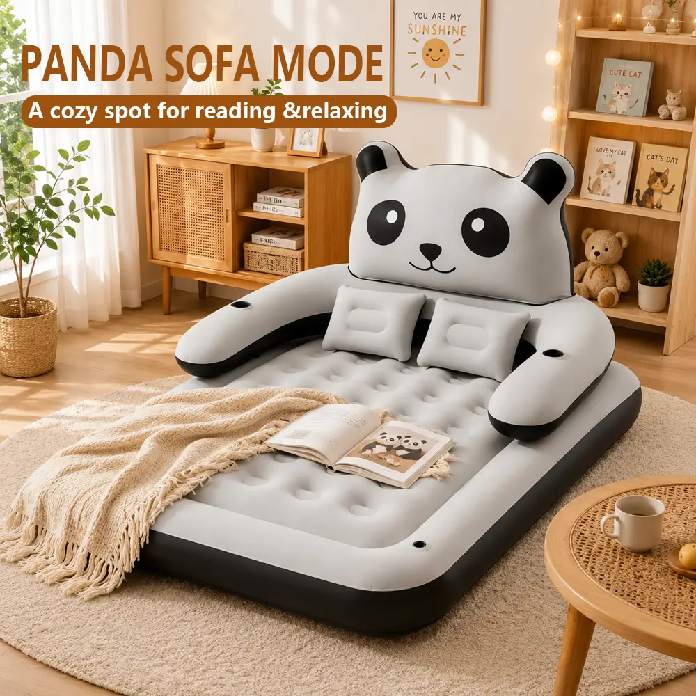 Queen-Sized Panda Backrest Air Mattress, Cute Headboard, Comfortable Raised Air Bed, Supportive Armrest Design, Spacious Air Mattress with Pillows for Family, Camping, Guest Rooms, And Relaxation