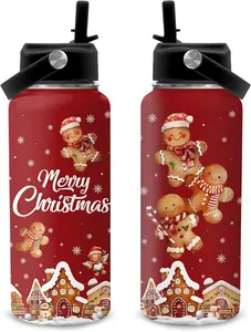32oz Gingerbread Water Bottle with Straw - Merry Christmas Birthday Gifts for Women - Gingerbread Themed Tumbler - Cute Gingerbreads Stainless Steel Coffee Cup for Sports, Gym, Travel, School