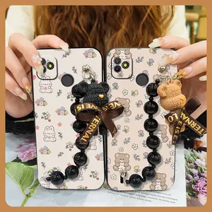 silicone Skin-friendly feel Phone Case For Tecno POP5 Simplicity Back Cover Anti-knock Bear bracelet soft case Waterproof Cartoon Dirt-resistant Black pearl pendant cute