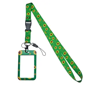 1 set sunflower vertical sliding card slot ID card holder, lanyard with detachable buckle, Personalized lanyard, made of durable polyester material, suitable for daily use in schools, offices, events