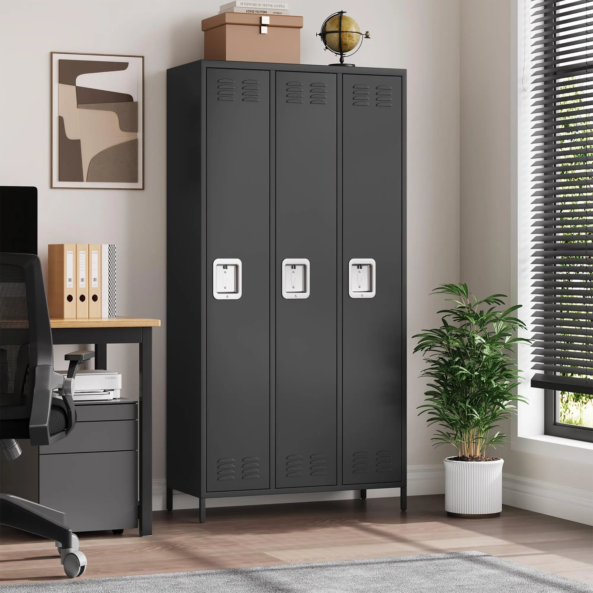 Durable Office Locker Cabinet - Sturdy 3-Door Lockable Metal Employee Locker with Combination Lock, 72"h x 15.7"w x 35.4"d Easy-to-Clean Multi-Use Storage Unit for Office, Classrooms (Indoor Furniture)