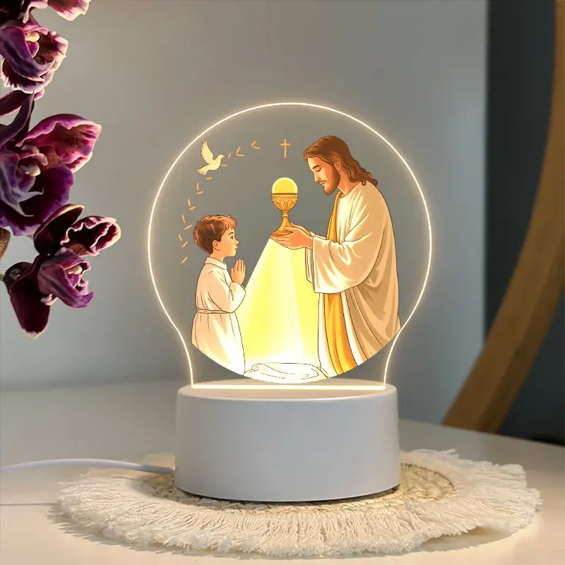 LED Acrylic Night Light, Religious Jesus First Communion Design, Religious Decoration, USB Interface, Switch, Ideal for Prayer Corner, Catholic Altar, Bedroom Gift