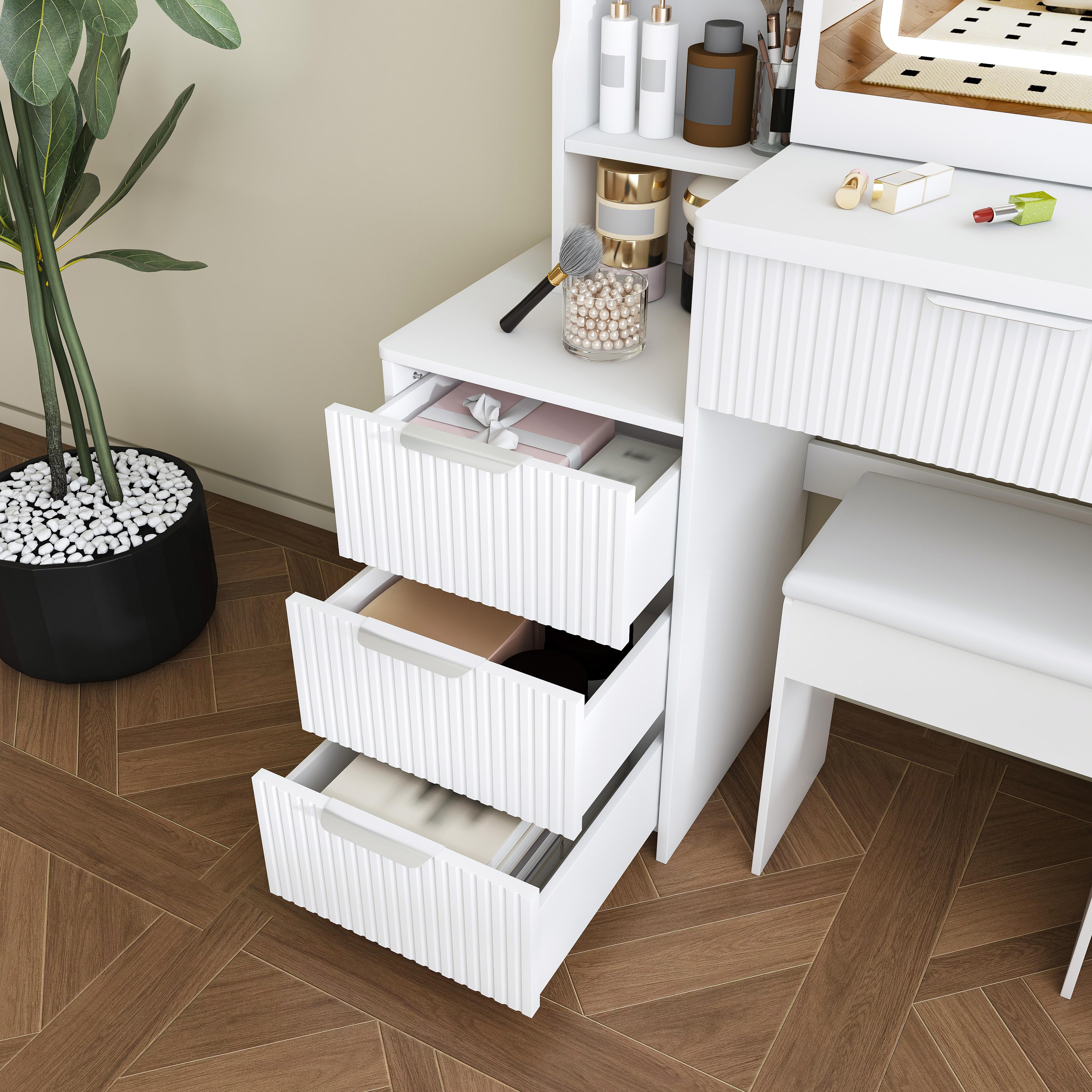 Modern Vanity Desk with LED Lighting 3 Modes & Adjustable Brightness, Makeup Table with 4 Drawers & Storage Shelves, Built-in Power Outlet & Hair Dryer Holder, Easy Assembly