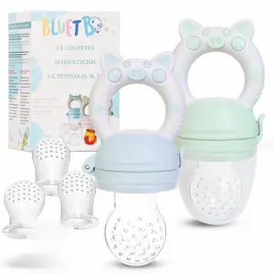 Baby Fruit Feeder Pacifier   BPA-Free Silicone Baby Food Feeder for Self Feeding  Teething Relief - 4+ Months  6 Silicone Nipples - 2 Pack Fresh Fruit Pacifier Frozen Teether - Blue & Green