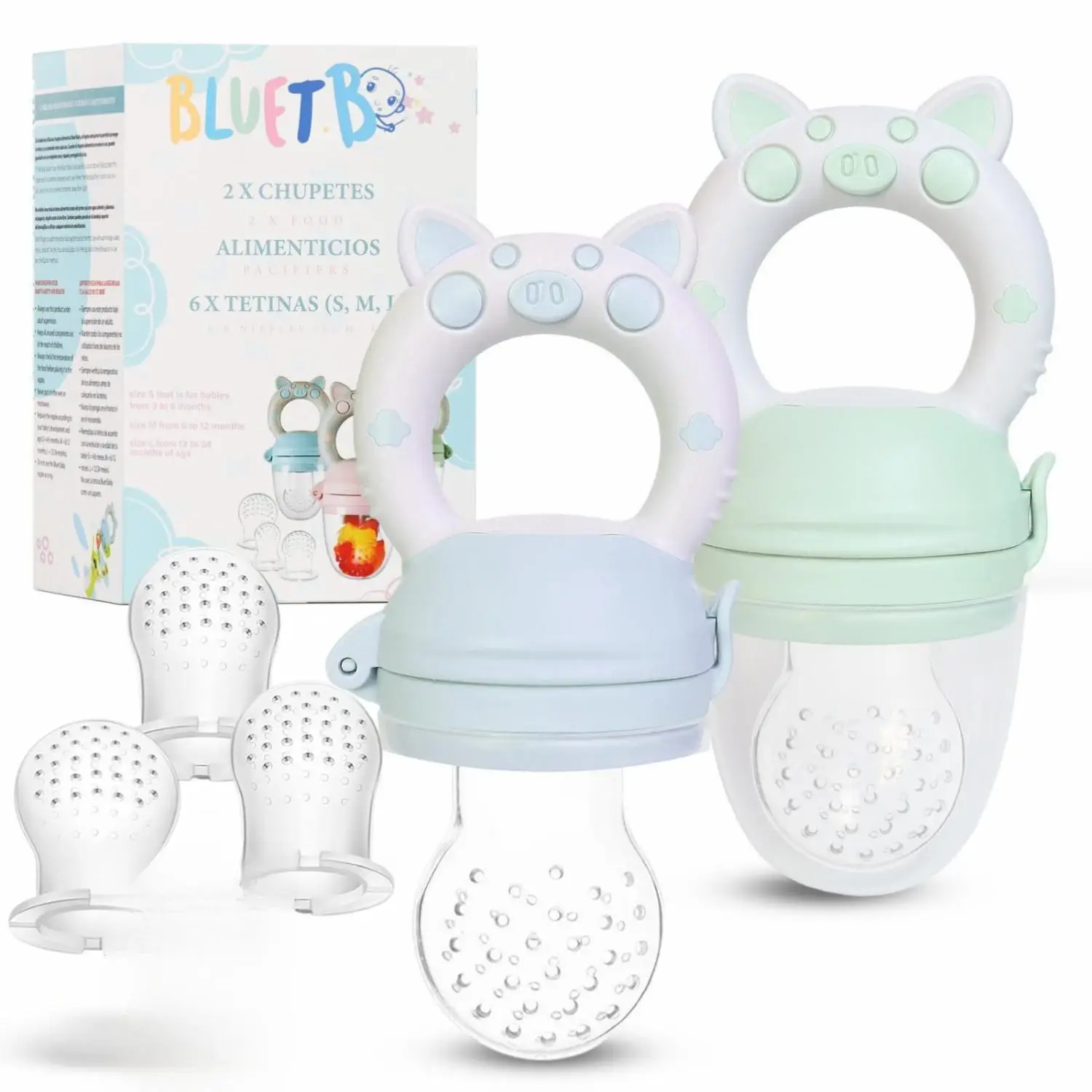 Baby Fruit Feeder Pacifier BPA-Free Silicone Baby Food Feeder for Self Feeding Teething Relief - 4+ Months 6 Silicone Nipples - 2 Pack Fresh Fruit