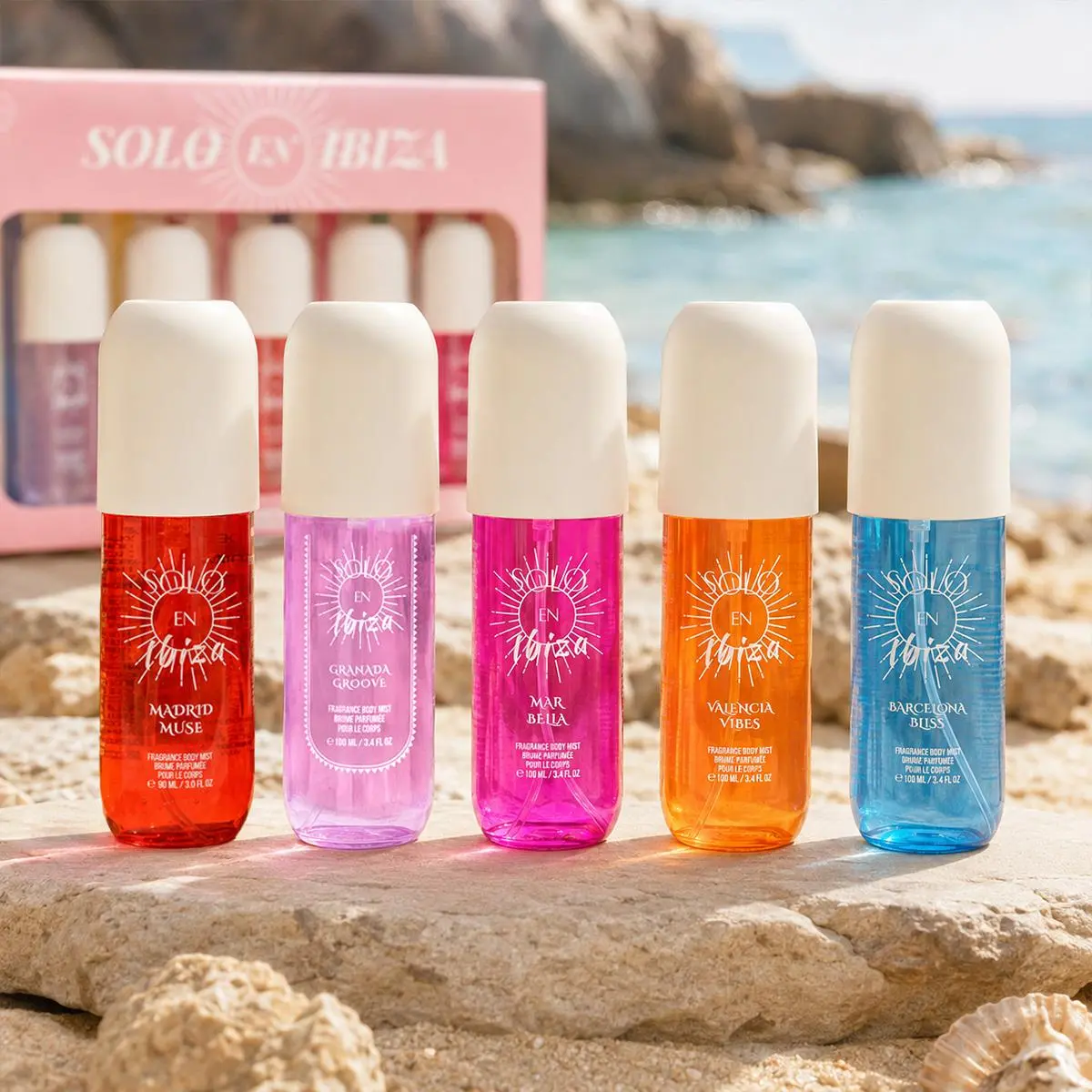 Solo En Ibiza Hair & Body Mist Gift Set, 5 x 100 ml Cruelty-Free Mist Spray Bottles with Fruity, Floral, Amber & Vanilla Scents, Salted Caramel, Body Mist Perfume, Fragrances