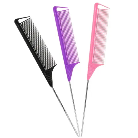 Set of 3 Long Steel Teasing Combs, Colors, Metal Dividing Comb for Salon Stylists, Suitable for Women Hairdressers, Hair Styling Combs, Hair Care Comb, Hair Styling Tools