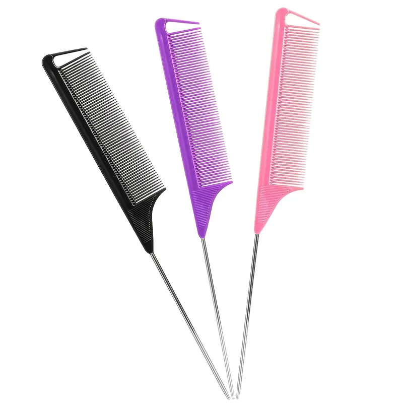 Set of 3 Long Steel Teasing Combs, Colors, Metal Dividing Comb for Salon Stylists, Suitable for Women Hairdressers, Hair Styling Combs, Hair Care Comb, Hair Styling Tools