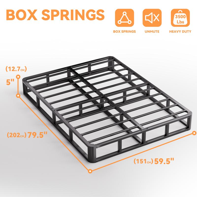 Vipbear 5 Inch / 9 Inch Queen Size Box Spring with 13 Heavy Duty Metal Slat Support 3500lbs Capacity Rounded Corners Easy Assembly Fabric Cover