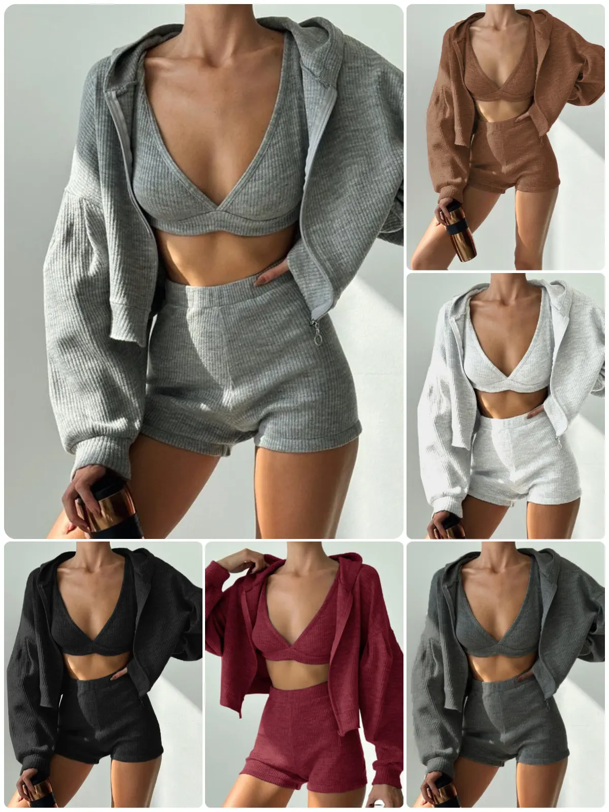 Western-style 3-piece yoga set: hooded cardigan, V-neck sports bra, and shorts—suitable for fitness, running, and casual wear. activewear workout