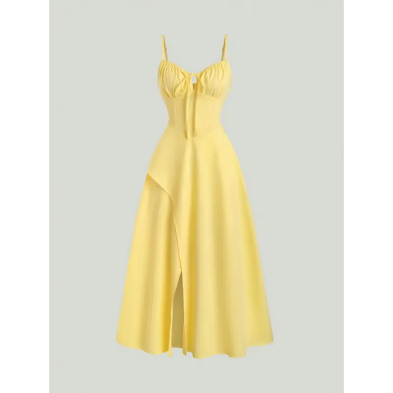 summer  new style dress unique Elegant Loose curvy women Off-Shoulder Maxi Dress for Women - Solid Yellow, High Slit, Cinched Waist, Sleeveless, Summer Vacation Style, Polyester, A-Line Silhouette, Casual Elegance | Halter N