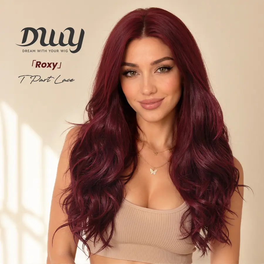 [CLEARANCE SALE] Roxy -DWY Lace Front Middle Part Long Burgundy Wavy Glueless Synthetic Christmas wigs for women 26 Inches Lace Frontal Wigs Pre Cut Wig