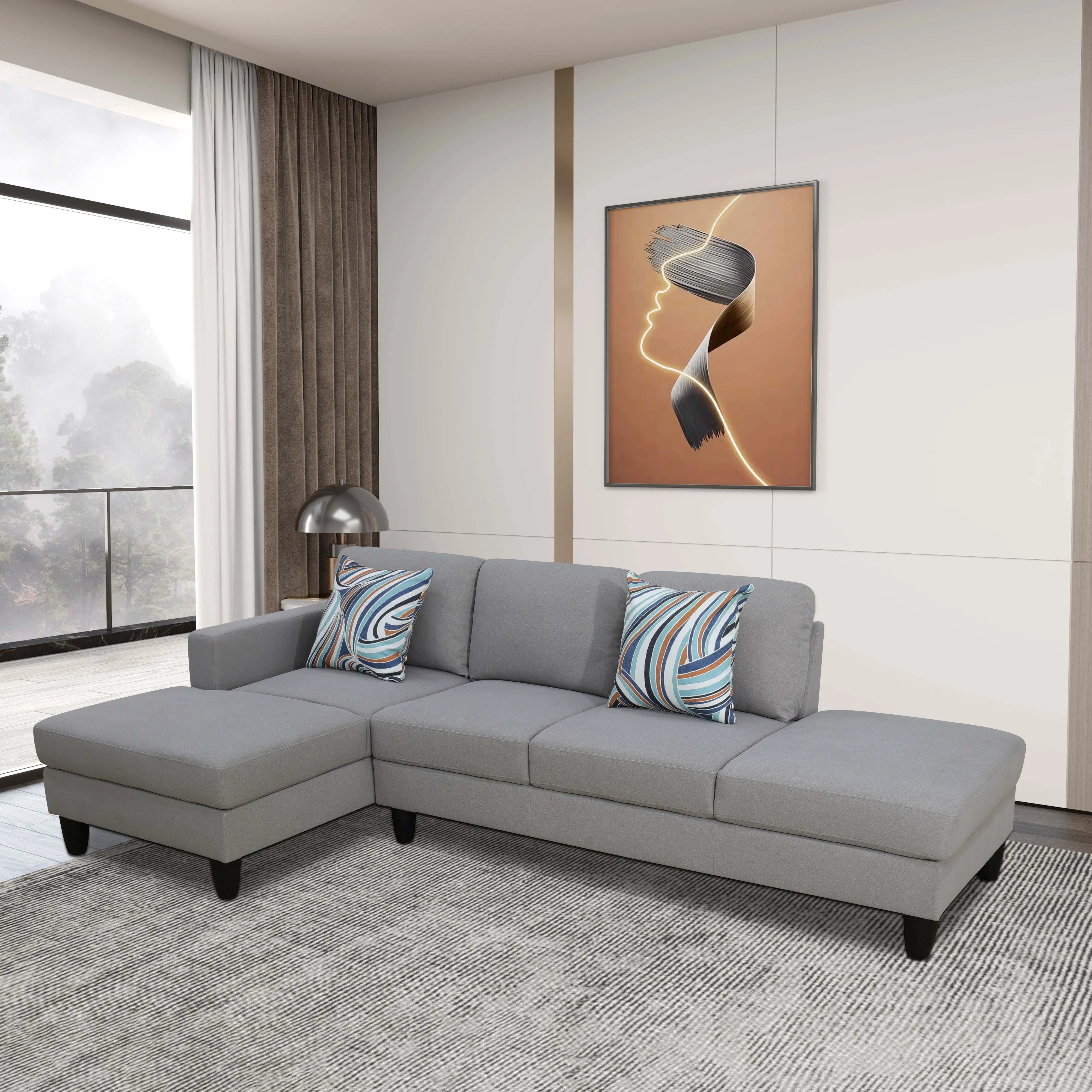 2-Piece Sturdy Cotton Pale Light Gray Skin-Friendly Calico Cloth Multi-Use Sofa Bundle - Minimalist Contemporary, Fixed Arms, Assembly Required, Indoor Guest Room Home Seating