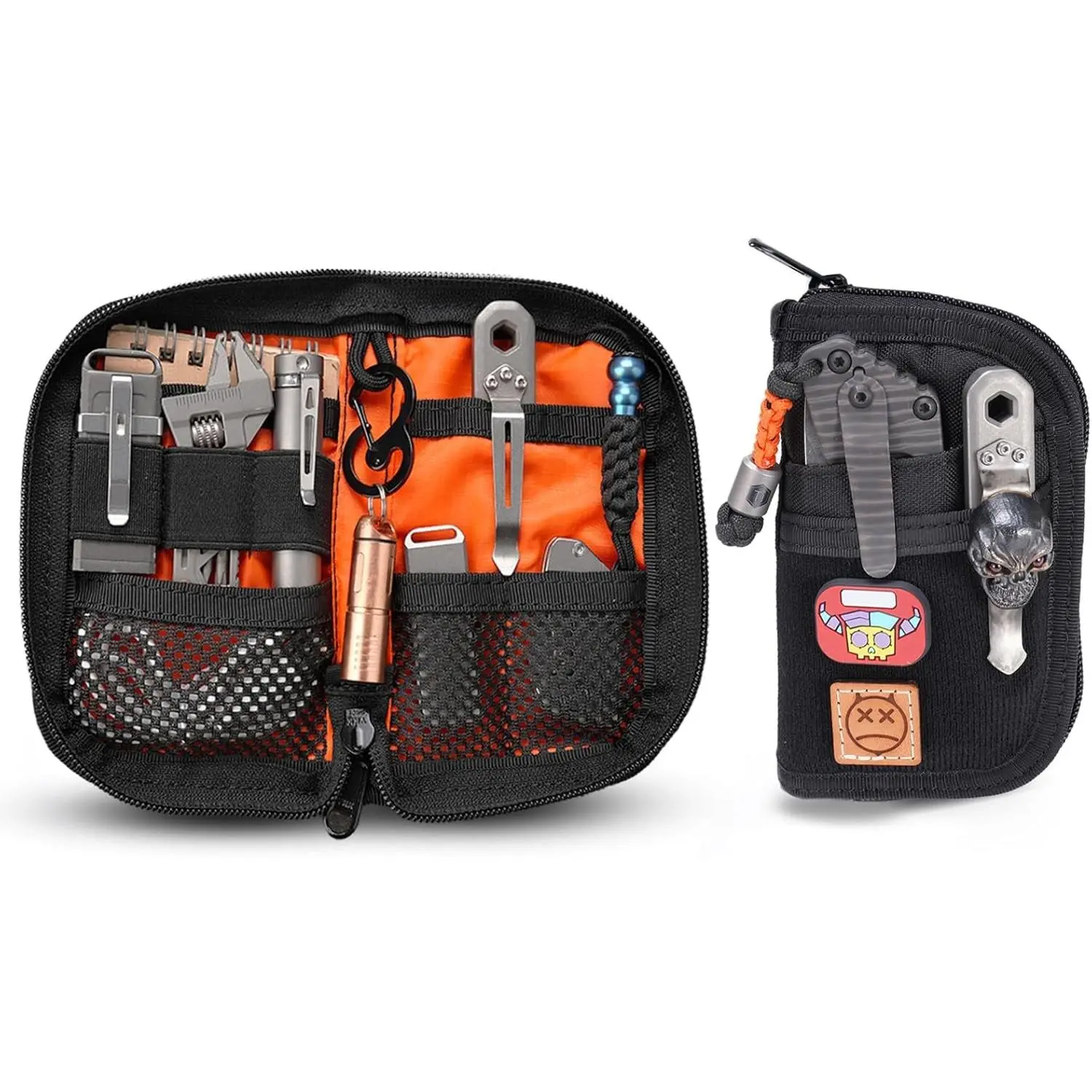 VE10 EDC Pouch Small Pocket Tool Pouch with 10 Compartments, Men's Pocket Organizer for Multitools, EDC Organizer with Patches Area for DIY (Black)