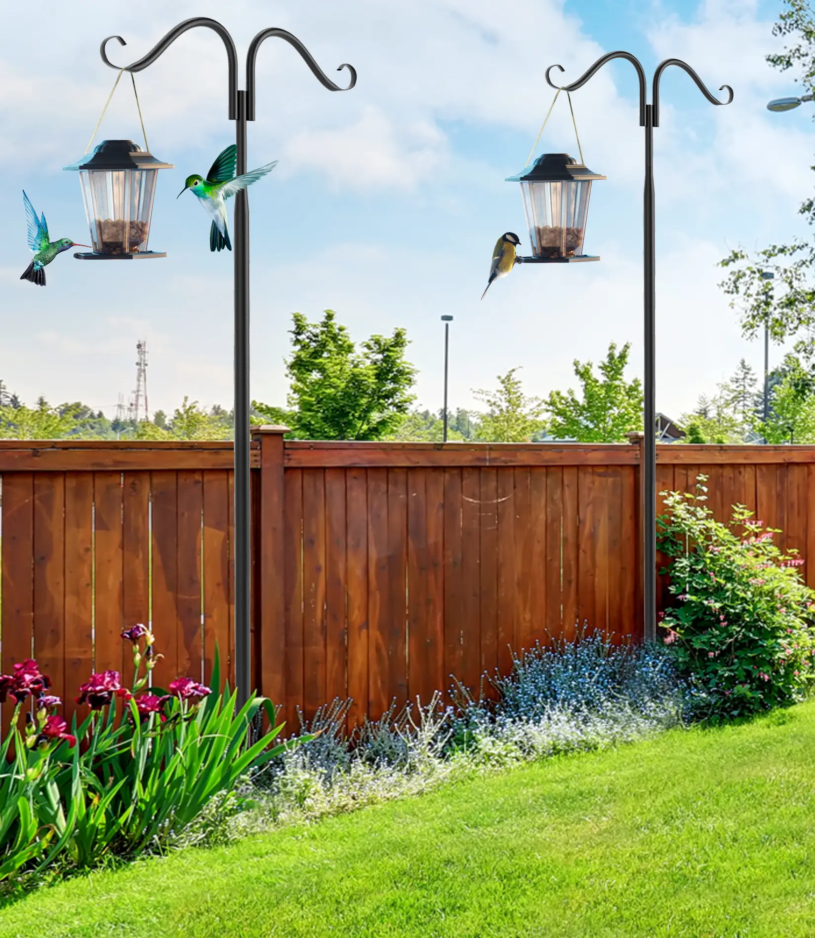 2-Pack Height-Adjustable 7-Prong Shepherd Hooks (108.3in Tall) for Outdoor Garden Decor, Lanterns, Bird Feeders, Height Adjust