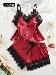 Women's Sleepwear Lingerie Set with Shorts & Vest, Sweet Heart Print, Casual Floral Pattern, Fitted Design, All Seasons Wear, Perfect Birthday Gift