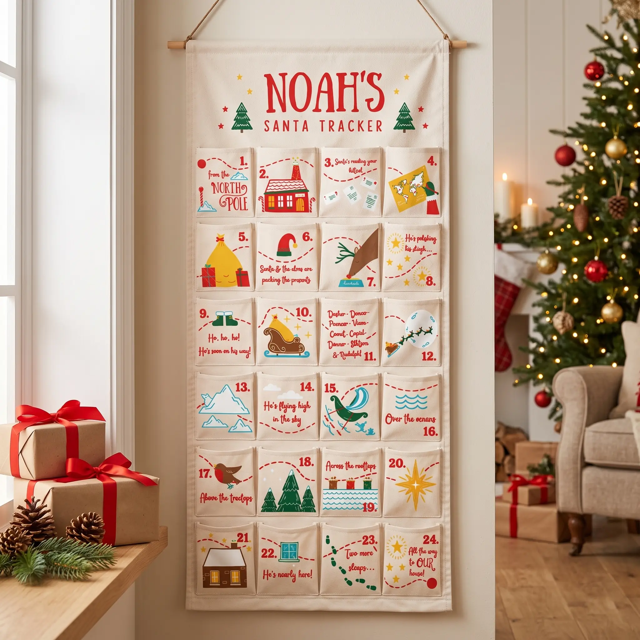 Personalized Santa Tracker Advent Calendar 2026, Fabric Christmas Countdown Wall Hanging with 24 Pockets, Reusable Custom Name Holiday Keepsake