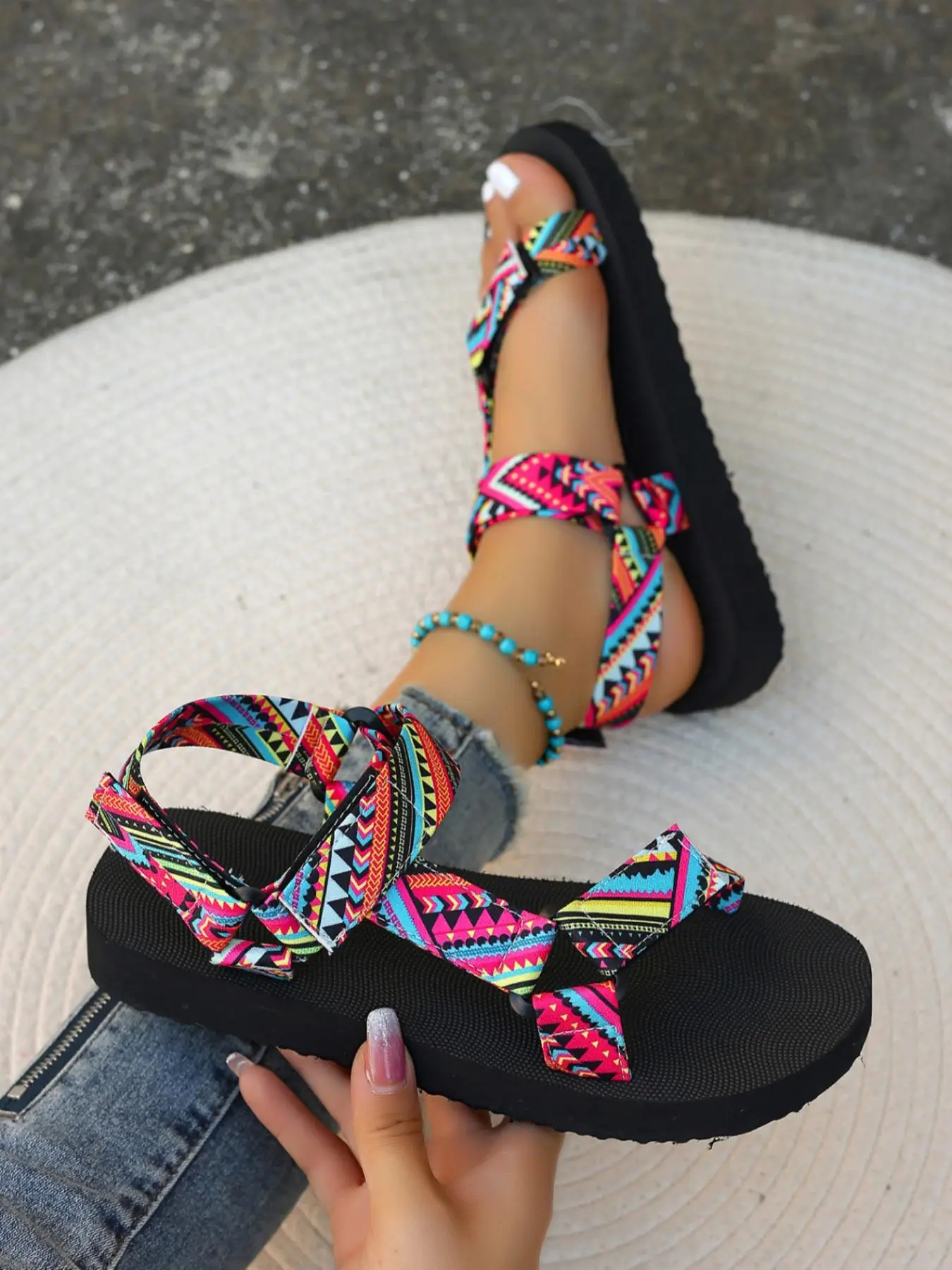 Women's Boho Style Colorful Strap Flat Sandals, Casual Trendy Slingback Sandals, Fashionable Sandals for Summer Beach Vacation