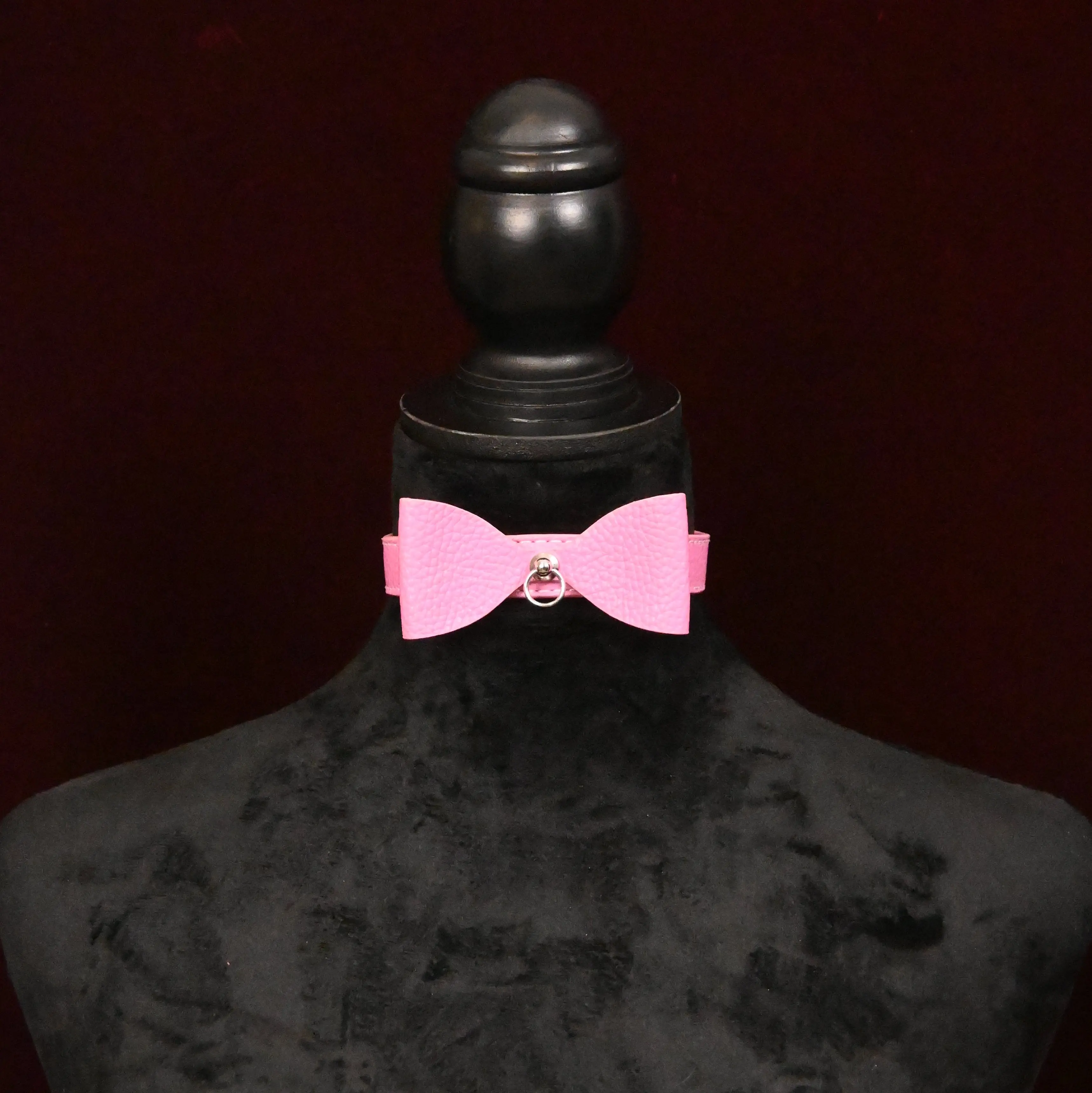 Leather Bow Kitten Collar with Ring - Pink