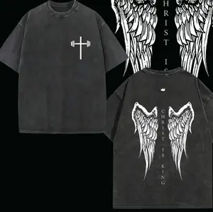 valentine shirts Christ Is King T-Shirt | Vintage Angel Wings Graphic Tee | Oversized Washed Christian Streetwear