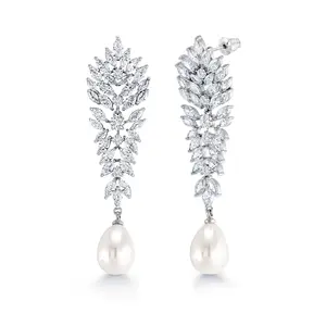 Freshwater Cultural Pearls Chandelier Dangle Earrings,  Marquise Cz Dangle Earrings, Pearl Dangle Earrings, Brass Dangle Earrings