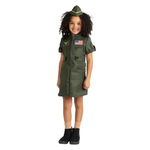 Fighter Pilot Costume Dress For Kids | Olive Green Short Sleeve Uniform with Hat - Perfect for Halloween, Pretend Play Fun, Theme Party & Cosplay Costume Party