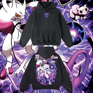 AnimeClothing Limited Purple Mewtwo - PKM#1 anime Hoodie Tshirt Acid Washed Heavyweight Cotton Tshirt, 100% Cotton retro Washed anime t-shirt, vintage streetwear tee, Y2K graphic top