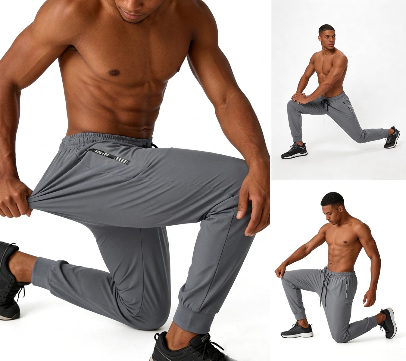 Men’s Ice Silk Sports Pants, Set of 3 – Elastic waistband with drawstring design, moisture-wicking workout pants suitable for gym, climbing, tennis, and basketball – Regular-fit casual athletic long pants, menswear