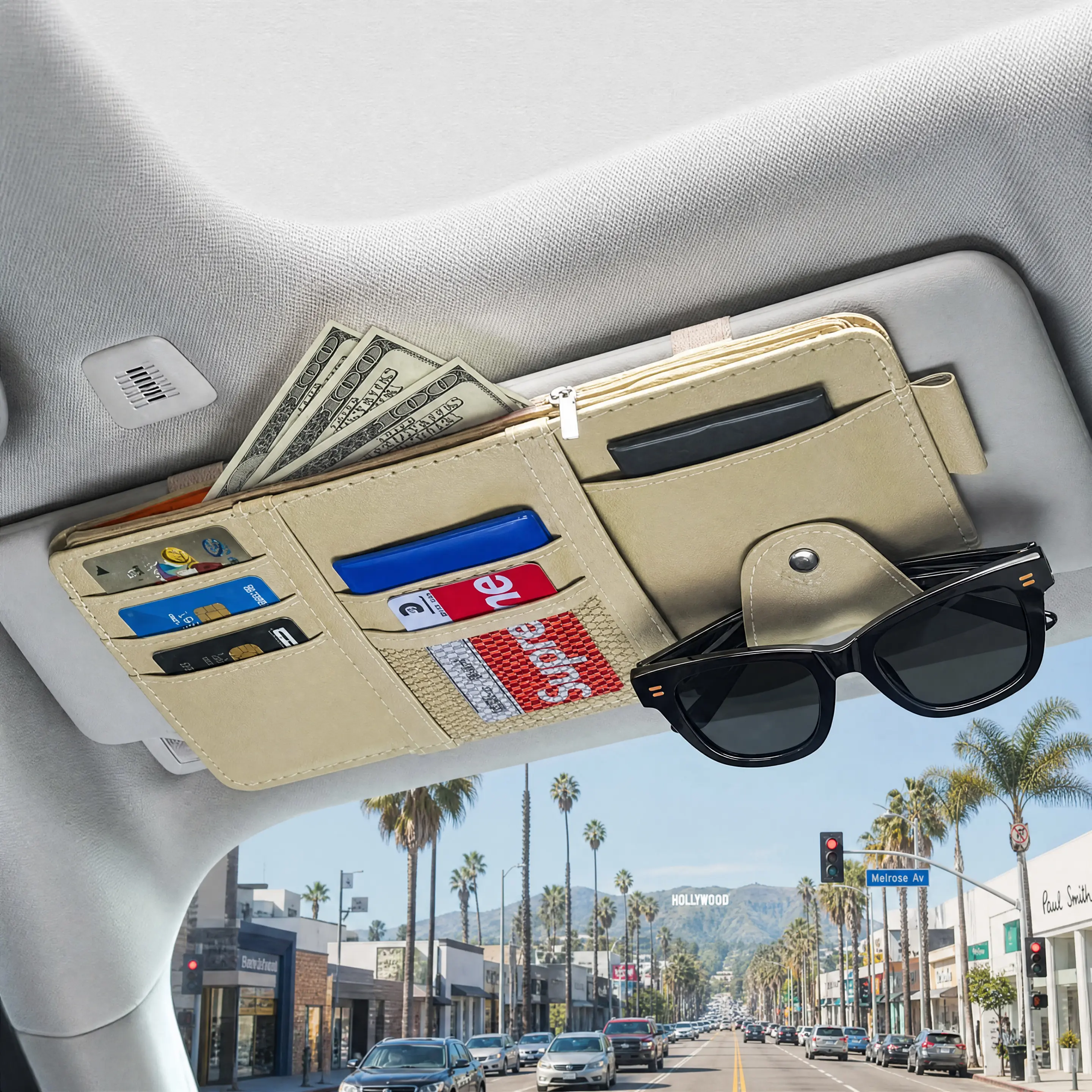PU Leather Car Sun Visor Multi-Pocket Organizer for Cars-SUVs-Trucks, 11.4x5.9" Big Zipper Pocket Storage Pouch with Elastic Bands, Card Sleeve, Sun Visor Hold for Driving License, Insurance, Sunglasses, Pen, Key, Lipstick