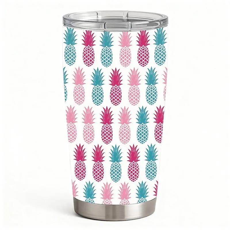 20oz Tropical Pineapple Pattern Stainless Steel Double Wall Vacuum Insulated Tumbler - Leak-Proof Portable Travel Mug with Lid, 500-1000 ml Capacity, Fits Car Cup Holders for Coffee, Iced Tea