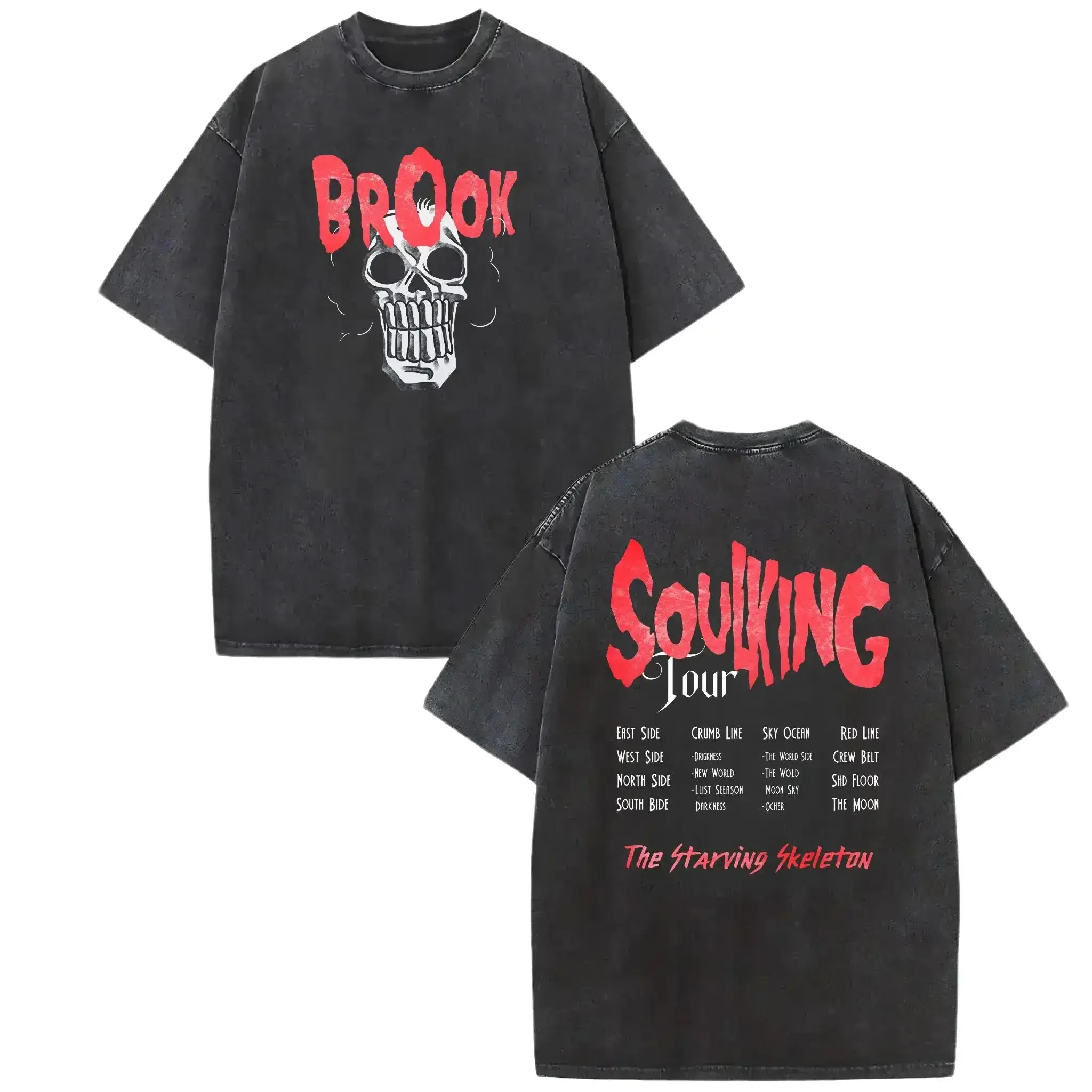 Men's Oversized Vintage Baggy Crew Neck Short-Sleeve Pure Cotton T-Shirt, Washed Heavyweight Double-Sided Brook Soul King Anime Graphic Unisex Streetwear Top, XL, Gift for Anime Fans, Black Tropical