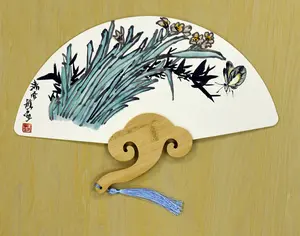 Hand-Painted Chinese Ink Fan – Floral & Butterfly Art | Calligraphy “Wan Shun” (All Goes Smoothly) | Bamboo Handle