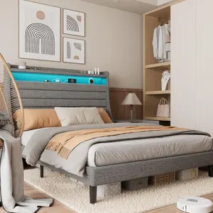 Queen Size Upholstered Bed Frame with Fabric Upholstered Multifunctional Headboard - Charging Station - LED Lights - Wood Slat Support - No Box Spring Needed - Easy Assembly - Grey, Fabric Upholstered Headboard